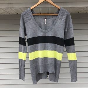 Gray & Lime Green Striped V-Neck Sweater